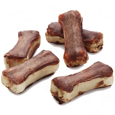 Five bone-shaped chew treats displayed on a white background, showing their size and texture for product identification.