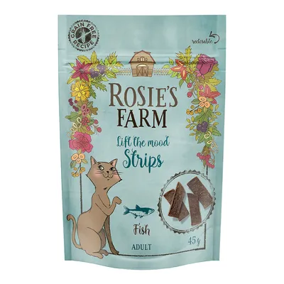 Rosie's Farm Lift the Mood Strips, fish flavour, for adult cats, 45g, grain-free recipe, resealable packaging.