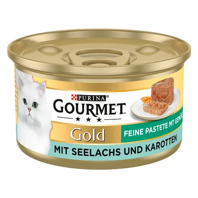 Purina Gourmet Gold Paté Fine con merluzzo e carote, lattina con immagine di un gatto bianco e paté servito.
