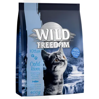 Wild Freedom Kitten Cold River kattenvoer, 100% grain-free recipe, lots of fresh poultry meat with salmon, 400g. Afbeelding van een kitten op de verpakking.
