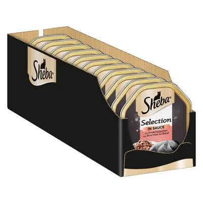 Упаковка паучей Sheba Selection in Sauce, видны индивидуальные контейнеры с надписью: mit Rinderhäppchen aux Bouchées au Boeuf. Логотип Sheba на каждой упаковке.
