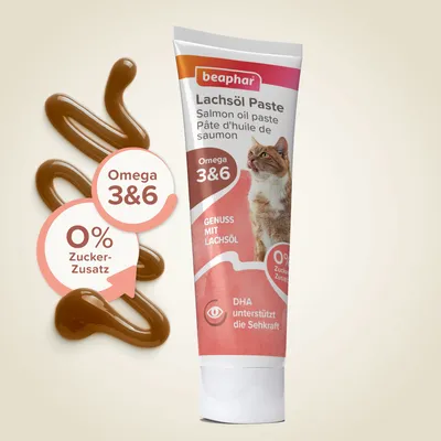 Beaphar Lachsöl Paste mit Omega 3&6, 0% Zuckerzusatz. DHA unterstützt die Sehkraft. Genuss mit Lachsöl für Katzen.