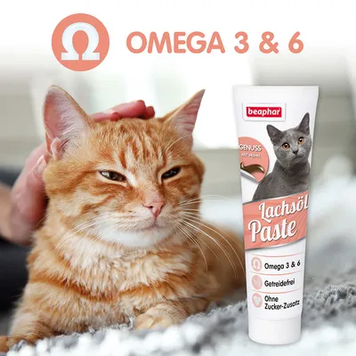 beaphar Lachsöl Paste za mačke, Omega 3 & 6, bez žitarica, bez dodatka šećera, GENUSS MIT HUHN. Prikazana narančasta mačka i tuba paste s natpisima na njemačkom jeziku.
