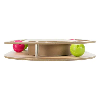 Giocattolo in legno a due livelli con palline colorate, verde e rosa, visibili tra gli strati. Adatto per il gioco interattivo.
