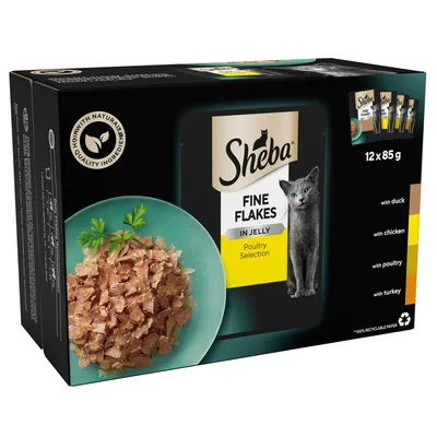 Box of fine flakes in jelly, poultry selection, 12 x 85g. Includes with duck, chicken, poultry, and turkey. High with natural quality ingredients. Image shows food flakes on a plate.