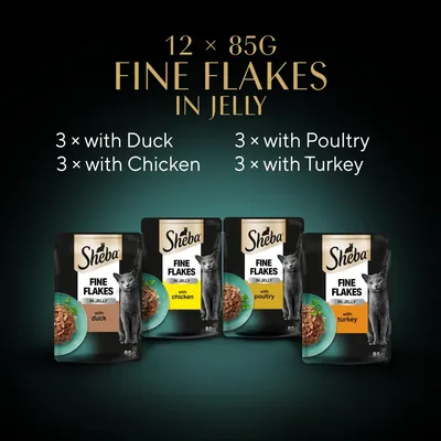 Sheba Fine Flakes in Jelly, 12 x 85g pouches: 3 with duck, 3 with chicken, 3 with poultry, 3 with turkey. Product packaging shown for each flavour.
