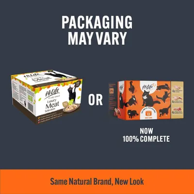 Image shows two different HiLife meat selection pack designs with text: 'Packaging may vary', 'Now 100% complete', and 'Same natural brand, new look'.