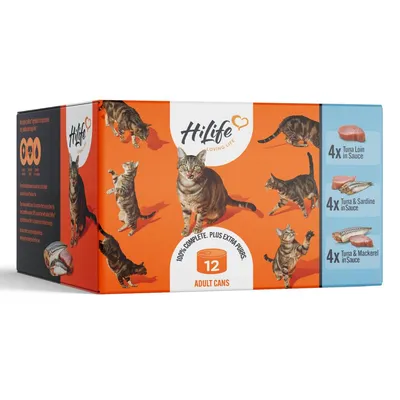 Box containing 12 adult cans: 4 tuna loin in sauce, 4 tuna and sardine in sauce, 4 tuna and mackerel in sauce. 100% complete. Plus extra purrs.