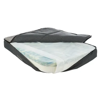 Orthopädisches Hundebett mit abnehmbarem Bezug, Memory-Schaumstoff und wasserabweisender Schutzschicht sichtbar.