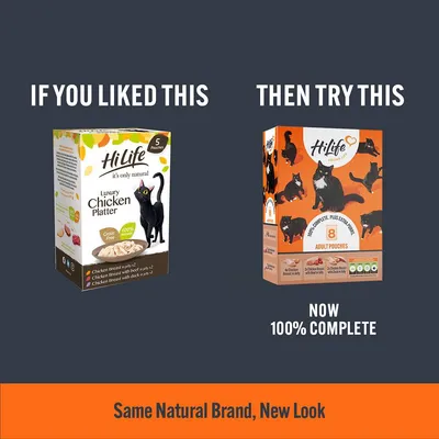 Comparison of old and new HiLife chicken platter packaging, highlighting a switch to an updated box with 8 adult pouches and the message 'Now 100% complete'. Same natural brand, new look.