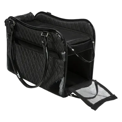 Schwarze Tragetasche mit gestepptem Design, zwei Tragegriffen und Netzöffnung. Geeignet für den Transport kleiner Tiere.