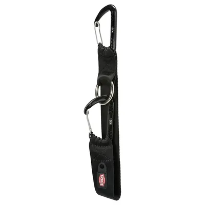 Black safety belt with carabiner hook and Trixie logo, suitable for securing in the car. Load capacity up to 12 kN visible on the hook.