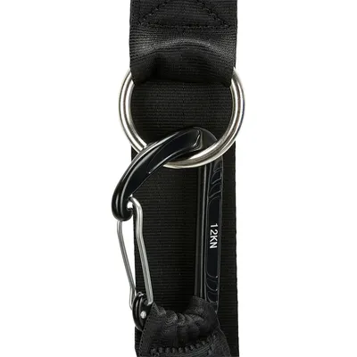 Black carabiner with 12KN marking, attached to a sturdy black nylon strap with metal ring.
