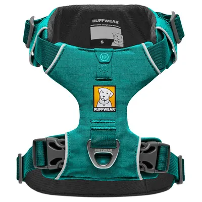 Pettorina per cani Ruffwear taglia S, colore verde acqua, con fibbie regolabili in plastica e anello in metallo. Etichetta con logo Ruffwear visibile sul davanti.