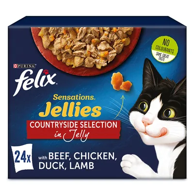 Purina felix Sensations Jellies Countryside Selection in Jelly, 24x with beef, chicken, duck, lamb. Nápis: No colourants same great taste. Obrázek porce krmiva a kreslené kočky.