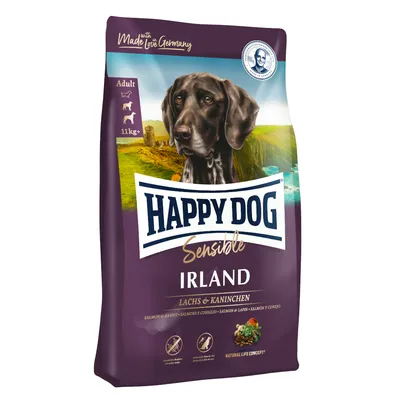 Confezione di crocchette Happy Dog Sensible Irland, salmone e coniglio, per cani adulti oltre 11 kg. Testo visibile: Made with love in Germany, Natural Life Concept.