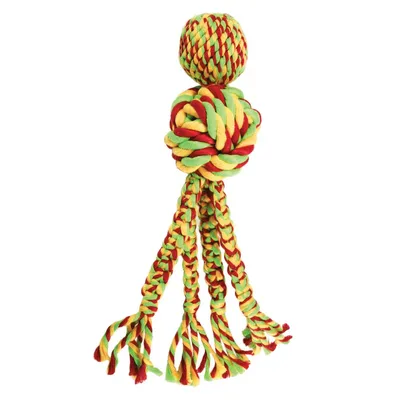 Geflochtenes Spielzeug aus Baumwollseil in Rot, Gelb und Grün mit Ball und Fransen.