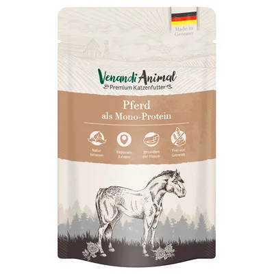 Venandi Animal Premium karma dla kotów, koń jako pojedyncze białko. Naturalne, regionalne składniki, dużo mięsa, bez zbóż. Wyprodukowano w Niemczech z niemiecką flagą.