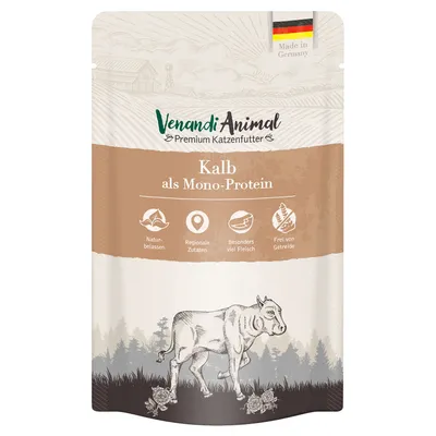 Venandi Animal Premium karma dla kotów, cielęcina jako jedno źródło białka. Naturalne, regionalne składniki, dużo mięsa, bez zbóż. Wyprodukowano w Niemczech.