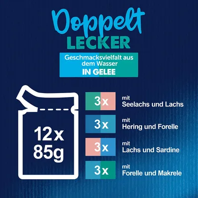 Doppelt Lecker. Geschmacksvielfalt aus dem Wasser in Gelee. 12x85g: 3x Seelachs und Lachs, 3x Hering und Forelle, 3x Lachs und Sardine, 3x Forelle und Makrele.