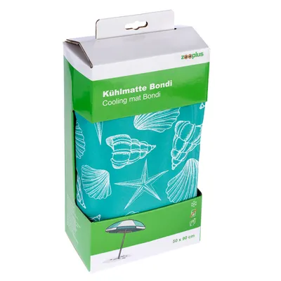 Kylmämatto Bondi Zooplusilta, turkoosi simpukka- ja meritähtikuviolla, koko 50 x 90 cm. Pakkauksessa jäähdytys- ja kesäkäyttösymboli.