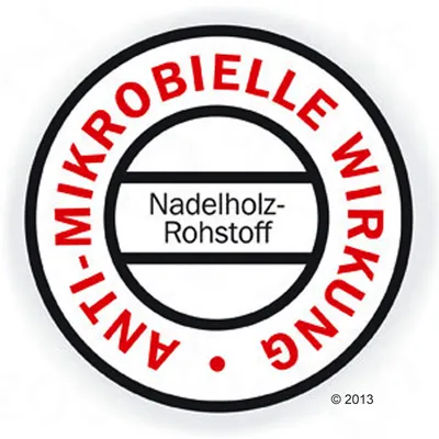 Znak z besedilom v nemščini: ANTI-MIKROBIELLE WIRKUNG, Nadelholz-Rohstoff. Besedilo ni prevedeno v slovenščino.