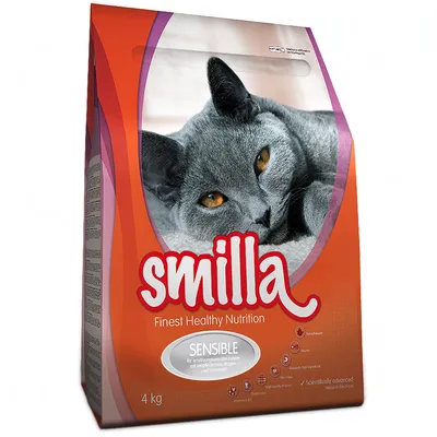 Smilla Finest Healthy Nutrition Sensible kattenvoer, 4 kg zak. Tekst: voor voedingsgevoelige katten met gevoelige maag en darmen. Wetenschappelijk ontwikkeld. Gemaakt in Duitsland.