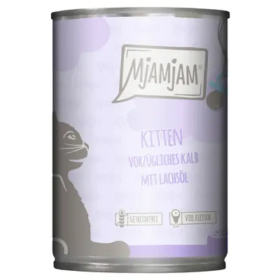 MjAMjAM Kitten Nassfutter, vorzügliches Kalb mit Lachsöl, getreidefrei, viel Fleisch.