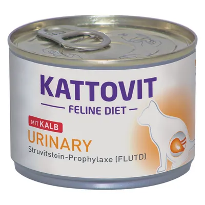 Kattovit Feline Diet URINARY mit Kalb, Struvitstein-Prophylaxe (FLUTD), lattina di alimento per gatti con illustrazione di gatto e simbolo arancione sul fianco.