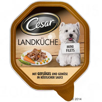 Cesar LANDKÜCHE MINI FILETS, embalagem com imagem de prato de carne, cenoura e ervilhas. Texto em alemão: mit Geflügel und Gemüse in köstlicher Sauce.