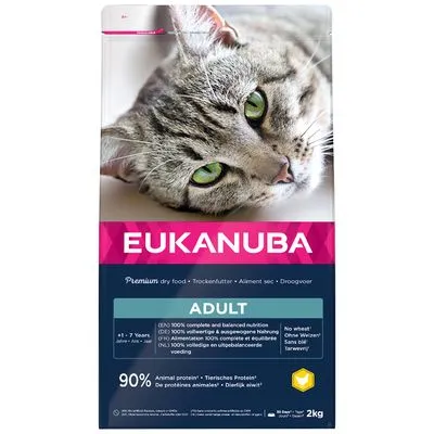 EUKANUBA Adult kattenvoer, 2 kg. 90% dierlijk eiwit, zonder tarwe. Voor katten van 1–7 jaar. Volledige en uitgebalanceerde voeding volgens verpakkingstekst.