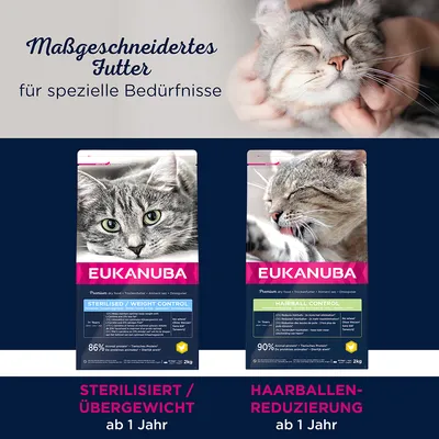 Два пакета корма для кошек EUKANUBA: Sterilised/Weight Control и Hairball Control, 2 кг, с изображениями кошек. Надписи на немецком: STERILISIERT/ÜBERGEWICHT ab 1 Jahr, HAARBALLEN-REDUZIERUNG ab 1 Jahr.