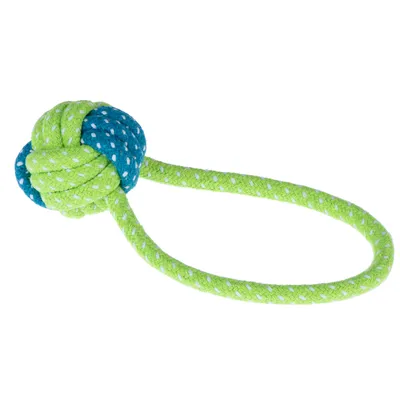 Játék zöld és kék kötélből, csomókkal, húzó- és dobójátékokhoz alkalmas.