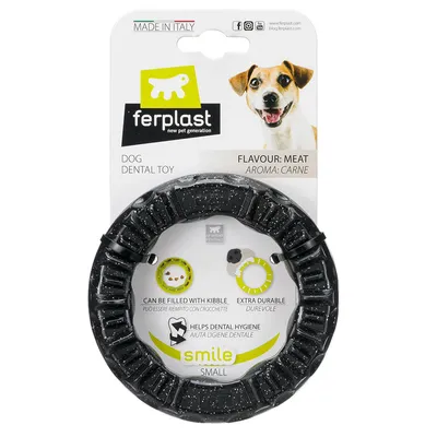 Jouet dentaire pour chien Ferplast Smile Small, arôme viande, peut être rempli de croquettes, extra durable, aide à l’hygiène dentaire. Fabriqué en Italie.