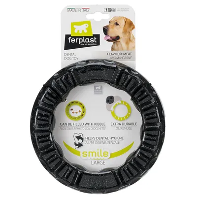 Jouet dentaire pour chien ferplast smile large, arôme viande, peut être rempli de croquettes, aide à l’hygiène dentaire, extra durable. Fabriqué en Italie.