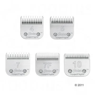 Five Oster CryogenX AgION clipper blades, sizes 4, 5, 7, 7F and 10, shown in silver metal with visible brand name and size numbers on each blade.