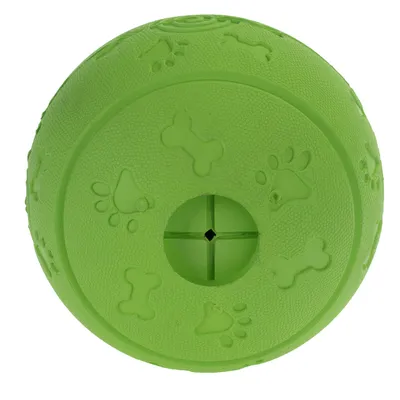 Grüner Ball mit geprägten Knochen- und Pfotenmustern, zentralem Loch für Befüllung oder Spielzeugfunktion.