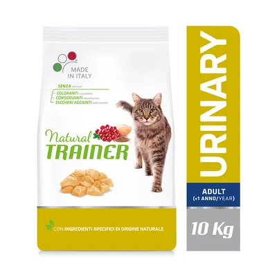 Natural Trainer Urinary Adult kattenvoer, 10 kg. Zonder kleurstoffen, conserveermiddelen of toegevoegde suikers. Met ingrediënten van natuurlijke oorsprong. Made in Italy.