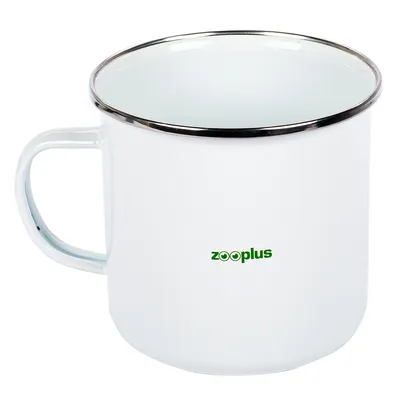 Bílý hrnek s logem Zooplus a stříbrným okrajem.