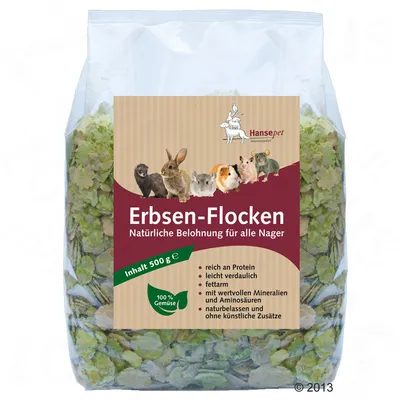 Hansepet fiocchi di piselli, ricompensa naturale per tutti i roditori. Contenuto: 500g, ricchi di proteine, facilmente digeribili, poveri di grassi, 100% verdura, senza additivi artificiali.