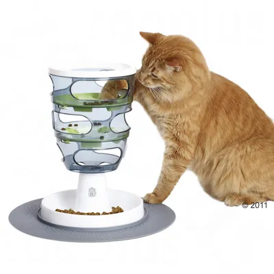 Chat roux à côté d’un distributeur interactif transparent et vert avec croquettes visibles à l’intérieur, base blanche sur tapis gris antidérapant. Marque Catit visible sur la base.