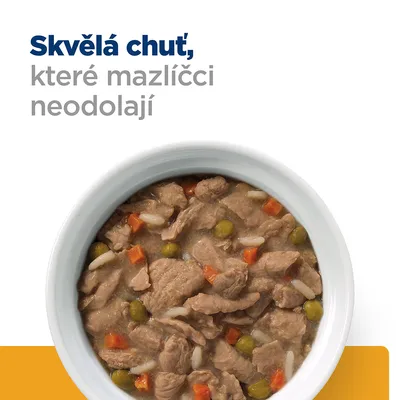 Miska s masovým krmivem, zeleným hráškem a mrkví. Text: Skvělá chuť, které mazlíčci neodolají.