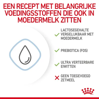 Een recept met belangrijke voedingsstoffen die ook in moedermelk zitten: lactosegehalte vergelijkbaar met moedermelk, prebiotica (FOS), ultra verteerbare eiwitten, geen toegevoegd zetmeel.