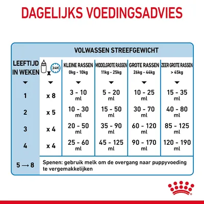 Dagelijks voedingsadvies voor pups: tabel met leeftijden in weken en aanbevolen melkhoeveelheden per dag voor kleine, middelgrote, grote en zeer grote rassen. Spenen vanaf week 5–8.