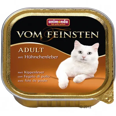 animonda high quality petfood VOM FEINSTEN ADULT mit Hühnerleber, met Kippenlever, con Fegato di pollo, avec foie de poule. Embalagem com imagem de gato branco.