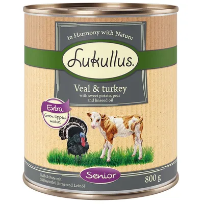 Lukullus Veal & turkey, Senior, 800 g. Extra green-lipped mussel. Kalb & Pute mit Süßkartoffel, Birne und Leinöl. Angol és német nyelvű feliratok a csomagoláson.