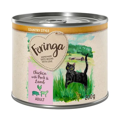 Feringa Country Style, kylling med svinekød og lam, voksen, 200g. Sort kat foran landlig baggrund.