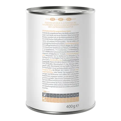 Blik met opschrift: verse gevogelte & konijn met bosbessen, wortels en wilde kruiden. 100% graanvrij recept. Voedingsadvies voor honden per gewicht zichtbaar. Inhoud: 400g.