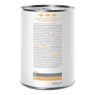 Blik met opschrift: vers gevogelte en kip met bosbessen, wortels en wilde kruiden. 100% graanvrij recept. Voedingsadvies voor honden per gewicht zichtbaar. 400g.