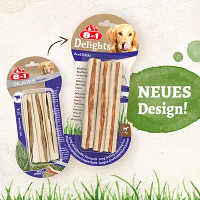 8in1 Delights Beef Sticks mit köstlichem Rindfleisch, neues Design. Verpackung zeigt Kausnacks für Hunde über 1kg und langanhaltenden Kauspass.